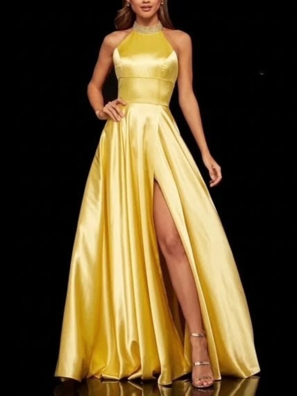 Sherri Hill Yellow Satin Rhinestone High-Neck Halter Top Gown